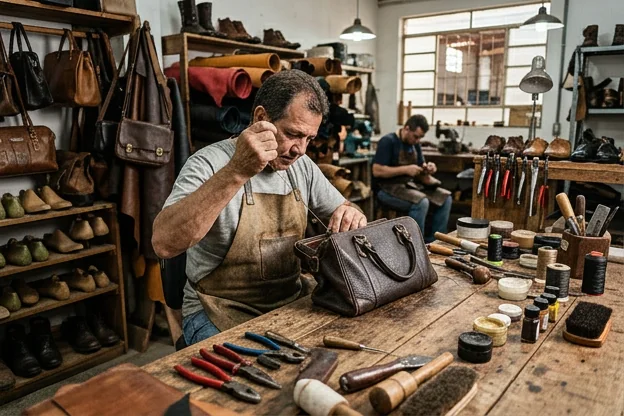 Processo de reforma em bolsa de couro em um ateliê especializado.