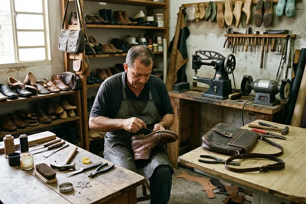 Sapatos e bolsas em processo de reforma em um ateliê de sapateiro.