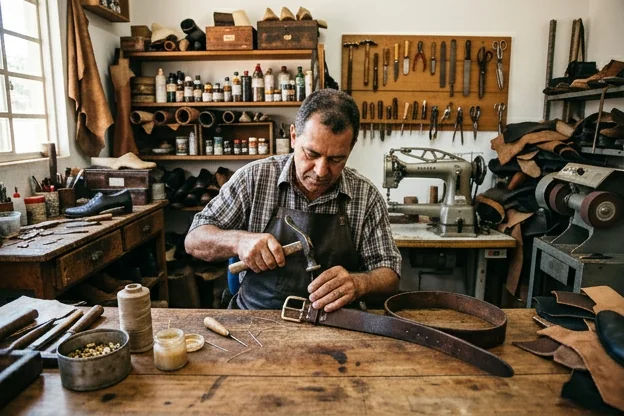 Cinto de couro em reforme no ateliê de um sapateiro.