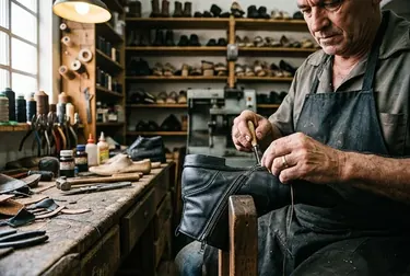 Reparo de zíper de bota em um estabelecimento especializado.
