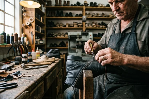 Reparo de zíper de bota em um estabelecimento especializado.